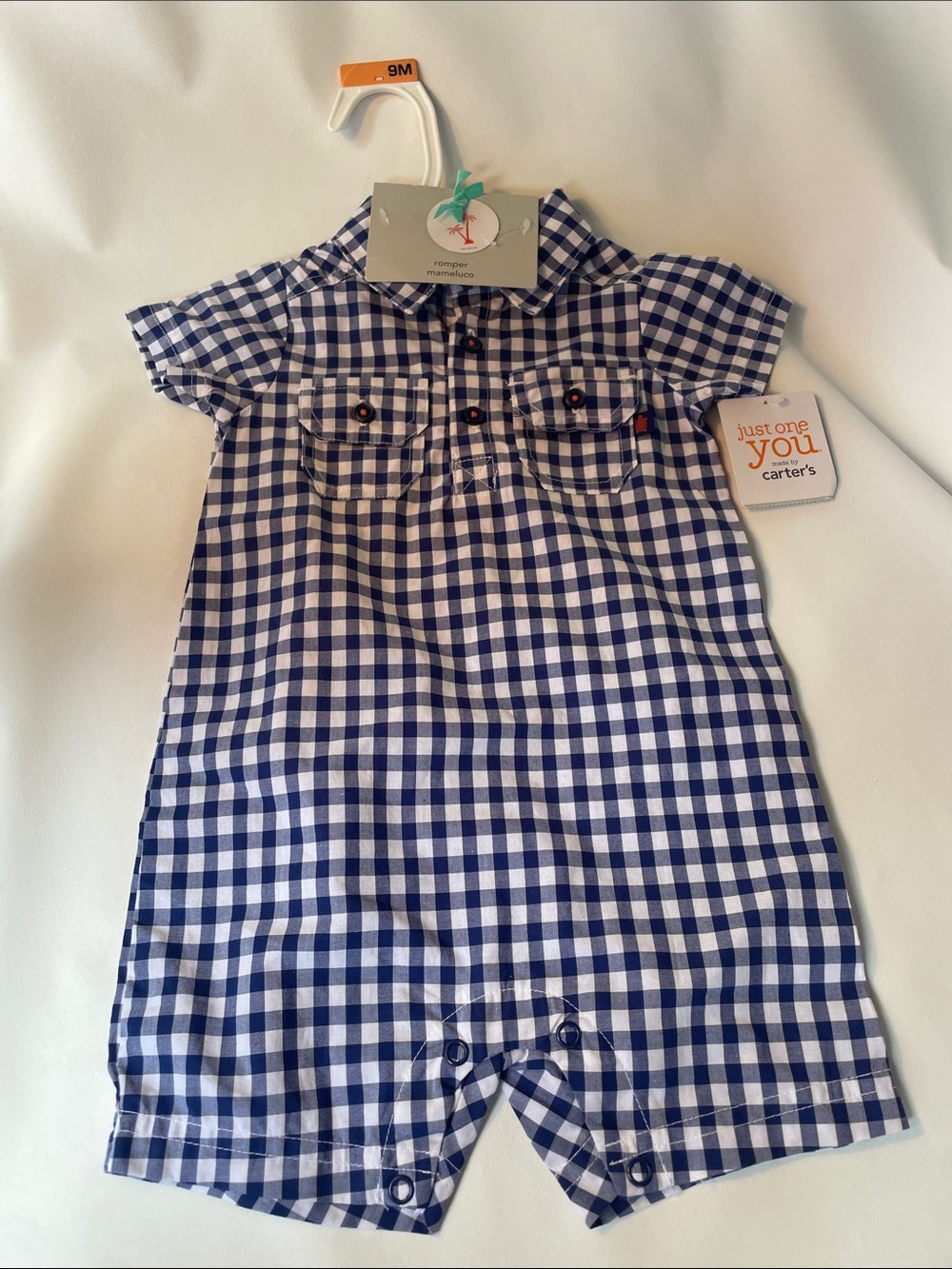Carter's Blue and White Gingham Short-Sleeve Romper